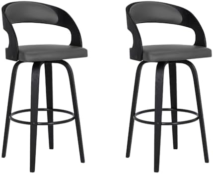 Armen Living Shelly 30" Bar Height Swivel Gray Faux Leather and Black Wood Bar Stool - Set of 2
