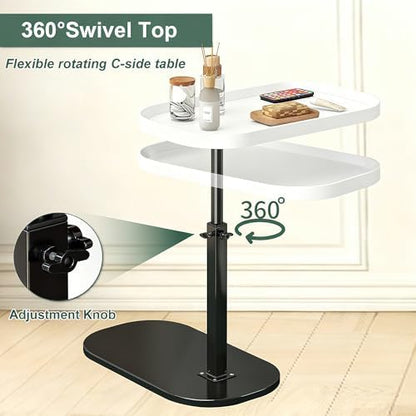Adjustable Height C Shaped Side Table, Couch Tables that Slide Under, C Side Table Raised Edge, 360°Swivel C Shaped End Table, Small Coffee C Table, End Table for Sofa/Bed/Bathtub (Marble White)