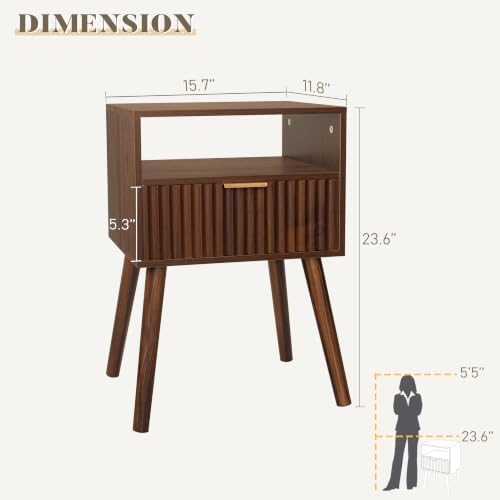 Walnut Nightstand, Fluted Night Stand with Drawer and Open Shelf