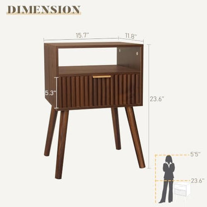 Walnut Nightstand, Fluted Night Stand with Drawer and Open Shelf