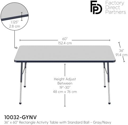 FDP 36" x 60" Rectangle Table with Ball Glide Legs - Gray/Navy, 10032-GYNV