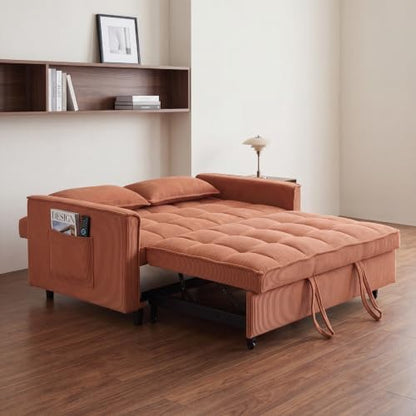3 in 1 Convertible Sofa Bed, Corduroy Fabric Sleeper Sofa Bed, Modern Pull Out Couch with Side Pockets, Sleeper Couch with Adjustable Backrest for Living Room, Bedroom, Orange