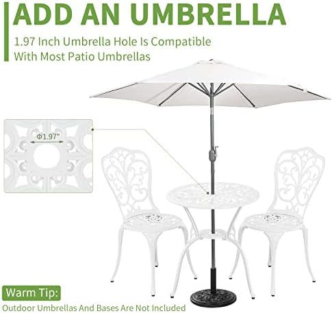 3 Piece Cast Aluminum Bistro Table and Chairs Set of 2 with Umbrella Hole Outdoor Bistro Set for Yard,Withe