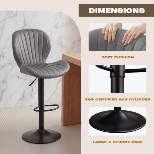 Bar Stools Set of 4, Modern Swivel Adjustable Bar Chairs, Faux Leather Upholstered Counter Height Bar Stools with Backrest, Comfort Barstools for Kitchen Island, Home Bar, Light Gray