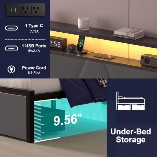 Queen Bed Frame with Storage Drawers & LED Lights, Metal Platform Bed with Charging Station and Upholstered Headboard, 2-Tier Storage Shelf, Noise Free, No Box Spring Needed