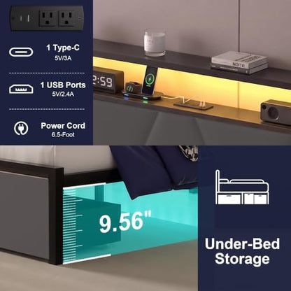 Queen Bed Frame with Storage Drawers & LED Lights, Metal Platform Bed with Charging Station and Upholstered Headboard, 2-Tier Storage Shelf, Noise Free, No Box Spring Needed