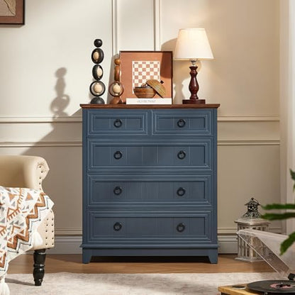 Joaxswe Farmhouse 5 Drawer Dresser for Bedroom Set of 2, 33.2" Tall Small Dressers & Chest of Drawers, Rustic Wood Dresser with Metal Handle, Storage Organizer Closet for Living Room, Hallway,Entryway