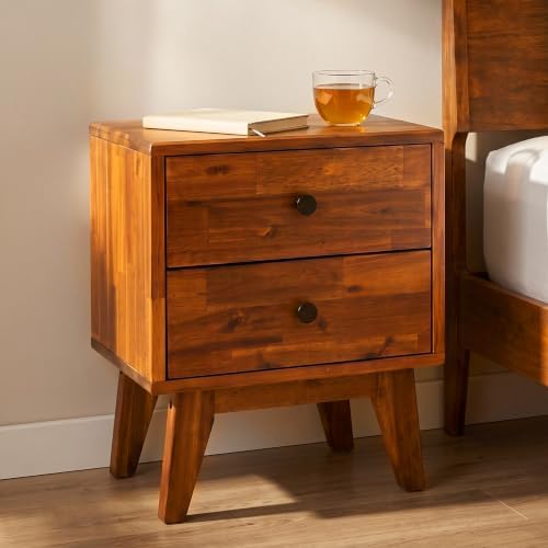 Acacia Silvia Nightstand with 2 Drawers, Solid Wood Bedside Table, Table with Storage Drawers for Bedroom, Bedside End Table with Drawer and Storage Space, Caramel