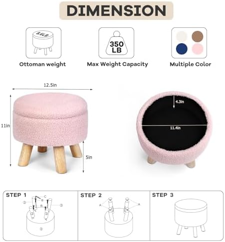 OGEMXU Ottoman Foot Rest, Small Round Ottoman with Storage, Boucle Teddy Velvet Footstool with Wood Legs, Soft Sponge Storage Ottoman for Living Room, Bedroom, Couch, Enterway (Pink)