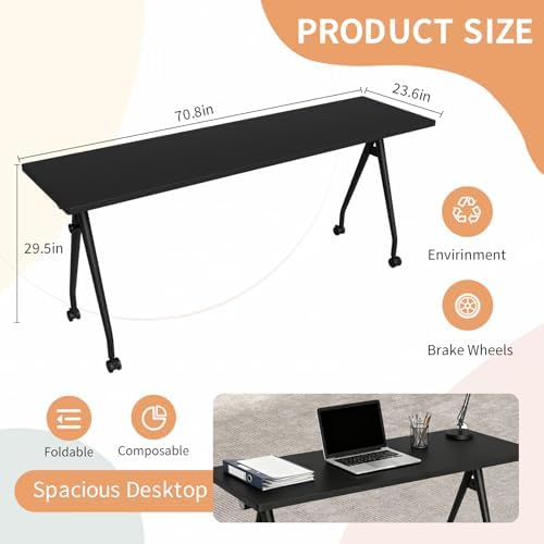 Folding Conference Table with Wheels, 10 Pack Modular Flip Top Conference Tables for Training Rooms, Mobile Modern Office Table, 70.8 Inch Large Conference Room Table, Black