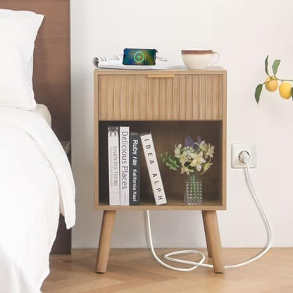 Wood Nightstand with Charging Station, Fluted Bedside Table
