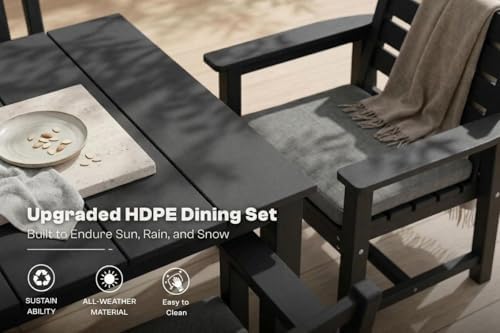 Perli™ 9-Piece Outdoor Dining Set, All-Weather HDPE Patio Furniture with 8 Ergonomic Chairs & Large Table, Built-in Umbrella Hole, UV-Resistant Set for Backyard, Deck, Poolside, Black