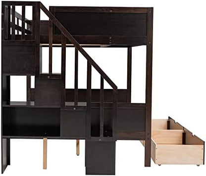 Harper & Bright Designs Twin Over Full Bunk Bed with Drawers, Wood Bunk Bed Frame with Shelves, Storage Staircase, Bedroom Furniture, Espresso