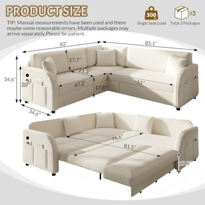 HANXIN 85.1" L-Shaped Sofa Couch with Pull Out Bed, Oversize Convertible Sectional Sleeper Sofa with Side Pocket & USB Port, 5 Seat Sherpa Fleece Upholstered Couches for Living Room(Beige)