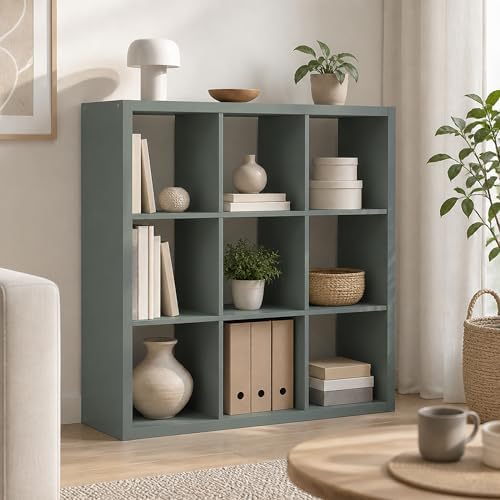 9-Cube Cubicle Bookshelf, Cube Bookcase with Open Back, Reversible Book Shelf, Cube Storage Organizer, 15 x 44 x 44, for Living Room, Home Office, Sage Green