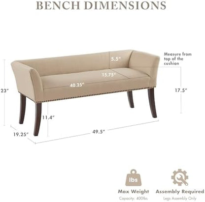 Madison Park Accent Bench, Upholstered with Nailhead Trim, & Padded Seat Entryway Bench Small, End of Bed Bench with Back, 49.5" W x 19.25" D x 23" H, Tan