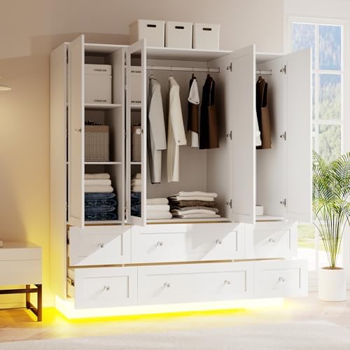 VOWNER Wardrobe Closet with 4 Doors Bedroom Armoire with Mirror & 6 Drawers