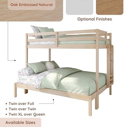 Grain & Grove Bear Twin Over Full Bunk Bed, Sturdy Bunk Bed Frame for Kids, Plywood Bunk with Ladder, Guardrail, and Slats, No Box Spring Required, Oak Embossed Natural