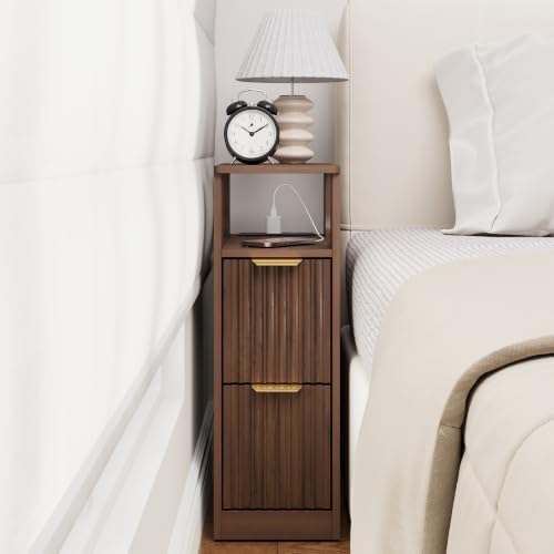 JUSTOGO Narrow Nightstand with Charging Station, Fluted End Table, 1 Pack