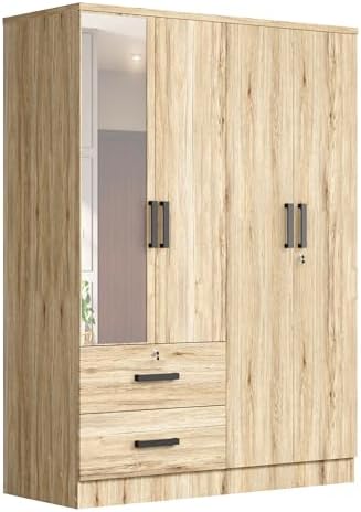 Woodpeckers Furniture And Mattress 4 Mirrored Doors Wardrobe 2 Drawers with Shelves 72 high (1 Mirror, Natural Oak)