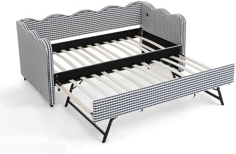Bellemave Twin Size daybed with Trundle for Adults, Kids, Girls, Teens, daybeds with Trundle for Living Room, Linen,Navy Gingham(Mattress not Included)