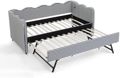 Bellemave Twin Size daybed with Trundle for Adults, Kids, Girls, Teens, daybeds with Trundle for Living Room, Linen,Navy Gingham(Mattress not Included)