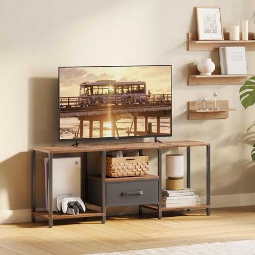 JARHETUN TV Stand with Fabric Drawer for 55 Inch TV, Entertainment Center with Open Shelves, Media TV Console Table for Living Room, Bedroom, Rustic Brown