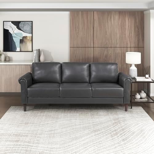 Lexicon Faux Leather Sofa, 3 Seater Couch, Dark Gray