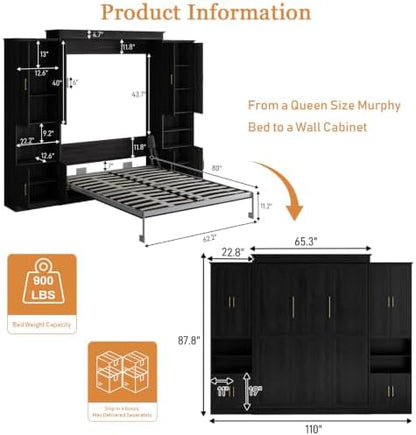 Murphy Bed Queen with 2 Storage Cabinets and USB Port, Black and Grey