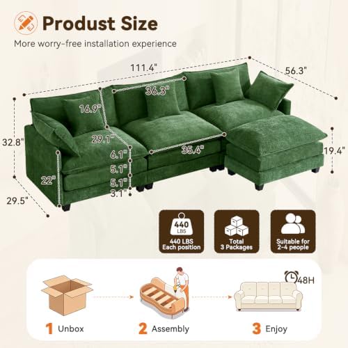 111.4" L‑Shaped Cloud Sectional Sofa Couch, Reversible Chaise, Green