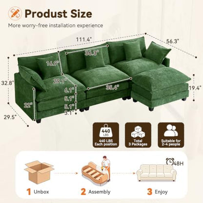 111.4" L‑Shaped Cloud Sectional Sofa Couch, Reversible Chaise, Green