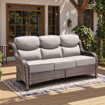 Wicker Patio Sofa with 6" Thick Cushions, All-Weather Outdoor Rattan Couch with High Backrest and Deep Seat, Outdoor Patio Sofas for Porch, Yard, Garden, Brown/Beige