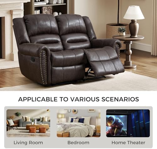EBELLO Manual Recliner Sofa Set, Faux Leather Reclining Living Room Set, Included Single Recliner Chair and Loveseat Manual Sofa, Vintage Rivet Mid-Century Design for Living Room, Dark Brown