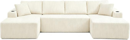 124" Modular Sectional Sleeper Sofa, Boneless Cloud Couch for Living Room, U Shaped 5 Seat Sofa with 2 Storage Pockets& 2 Cup Holders, Free Combination, No Assembly Required