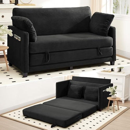 Myroyalsit 65" Convertible Loveseat Sofa Bed, 2-in-1 Folding Sofa Bed with 2 Pillow for Small Spaces, Modern Loveseat Sleeper Couch for Apartment, Living Room & Guest Room (Black Corduroy, 65 inch)