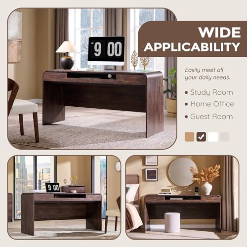 63" Modern Computer Desk with 2 Drawers, Wood Curved (Brown)