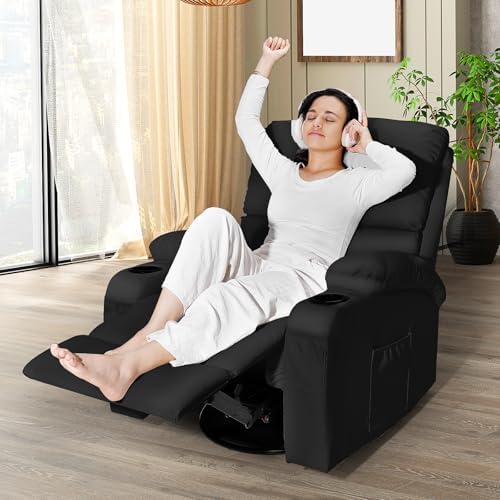 LAFWELL Rocking Recliner Chair, Massage Rocker Recliner Chair with Vibration Massage and Heat, USB and Type-C Ports,360° Swivel Faux Leather Chairs, Living Room, Bedroom, Nursery, RV, Black
