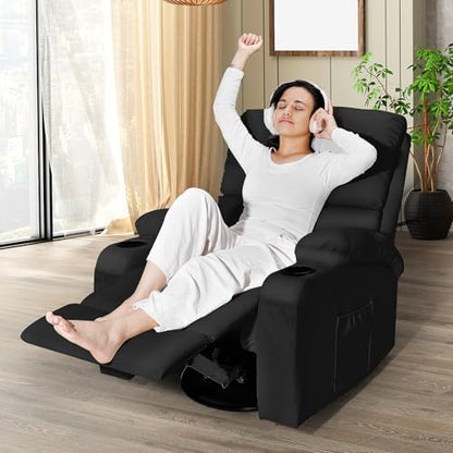 LAFWELL Rocking Recliner Chair, Massage Rocker Recliner Chair with Vibration Massage and Heat, USB and Type-C Ports,360° Swivel Faux Leather Chairs, Living Room, Bedroom, Nursery, RV, Black