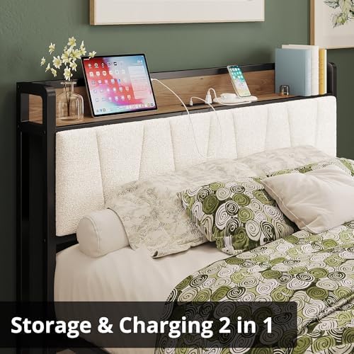 LIKIMIO Full Size Bed Frame with Storage Headboard and Charging Station