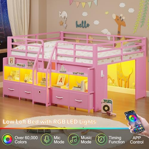 Full Low Loft Bed, 5 Drawers & 6 Bookcases, LED and Charging Station, Pink