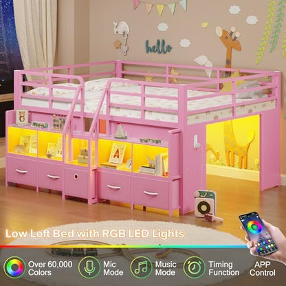 Full Low Loft Bed, 5 Drawers & 6 Bookcases, LED and Charging Station, Pink