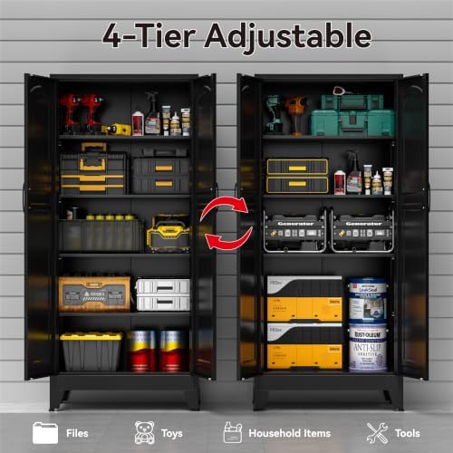 71" Metal Storage Cabinet with 5 Adjustable Shelves, Arch‑Curve Black