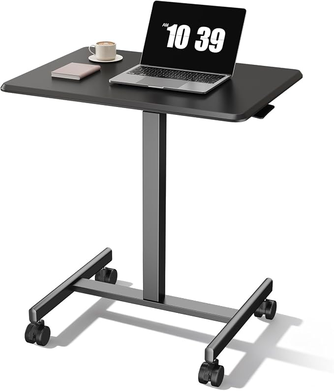 OLIXIS Mobile Rolling Desk with Wheels Small Standing Laptop Desks Portable Pneumatic Adjustable Height Sit Stand Table Computer Workstation for Home Office Black