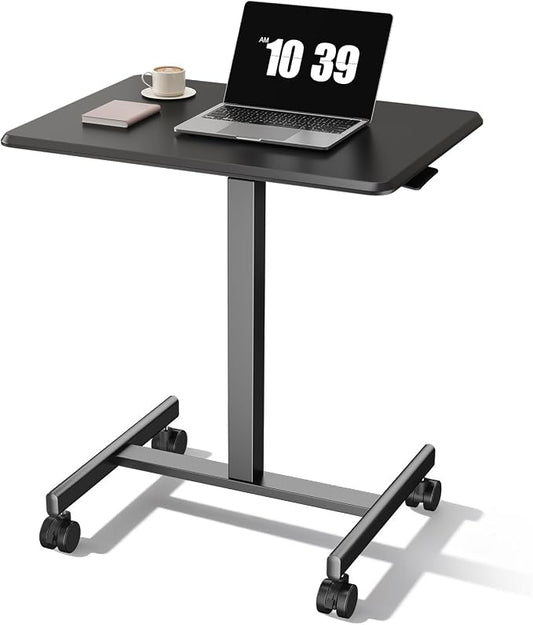 OLIXIS Mobile Rolling Desk with Wheels Small Standing Laptop Desks Portable Pneumatic Adjustable Height Sit Stand Table Computer Workstation for Home Office Black