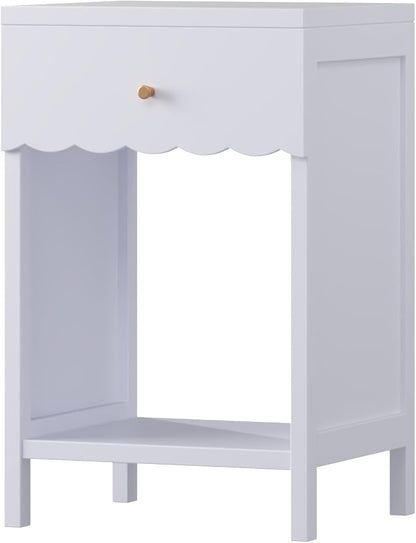 Cute Nightstand with Drawer and Open Shelf, Scalloped Edge Design Bedroom Bedside Table, Wood End Table for Kids Girls Bedroom, Light Purple