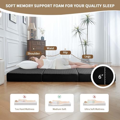 CYMULA Folding Mattress Single Size,6" Tri-Fold Floor Mat for Naps,Black
