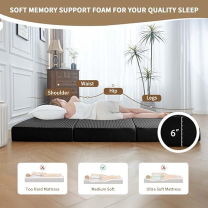 CYMULA Folding Mattress Single Size,6" Tri-Fold Floor Mat for Naps,Black