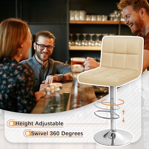 Homall Bar Stools Set of 2, Modern PU Leather Adjustable Swivel Barstools with Back & Metal Base, Upholstered Hydraulic Island Chairs, Armless Counter Height Bar Stools for Kitchen (Beige)