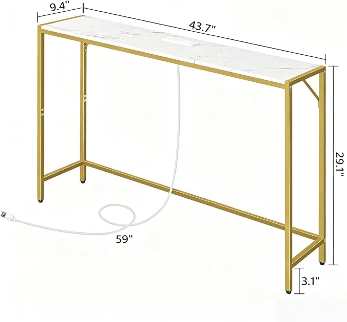 MAHANCRIS Console Table, Narrow Sofa Table, 43.7” Entrance Table with Power Station, Behind Couch Table, Simple Style, for Living Room, Hallway, Entryway, Foyer, Marble and Gold CTJM112E01