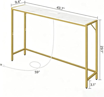 MAHANCRIS Console Table, Narrow Sofa Table, 43.7” Entrance Table with Power Station, Behind Couch Table, Simple Style, for Living Room, Hallway, Entryway, Foyer, Marble and Gold CTJM112E01